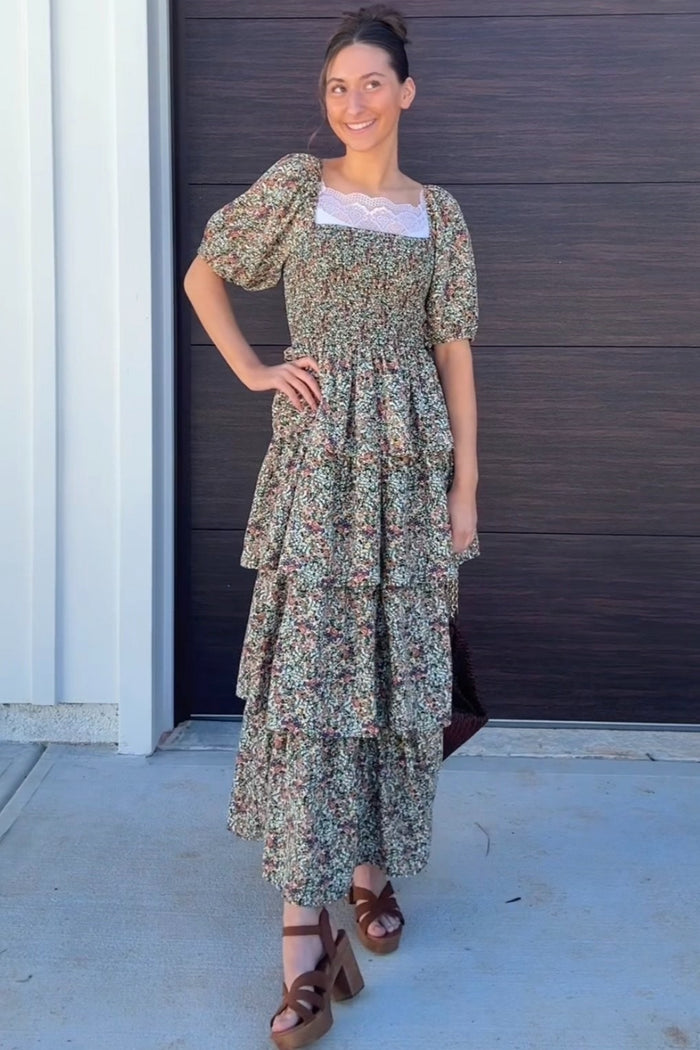 Green Floral Print Ruffle Tiered Midi Dress
