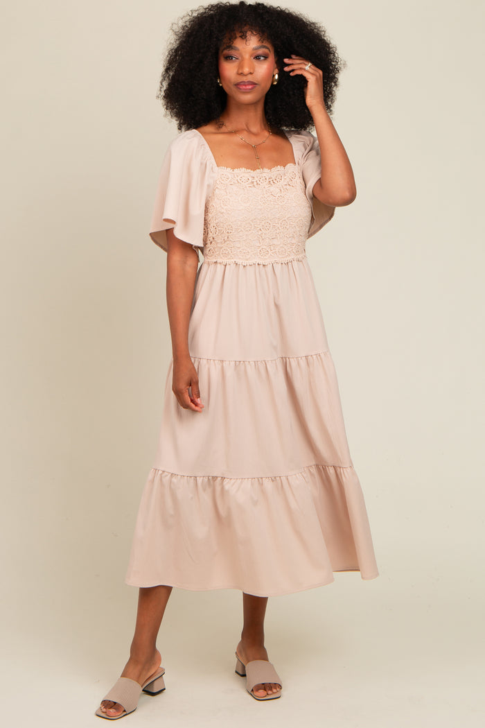 Beige Crochet Tiered Lace Midi Dress