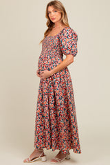 Teal Multi-Color Leaf Print Smocked Maternity Maxi Dress