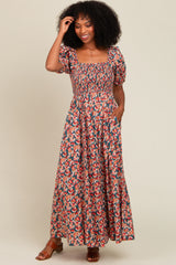 Teal Multi-Color Leaf Print Smocked Maxi Dress