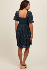 Navy Blue Floral Embroidered Smocked Maternity Dress