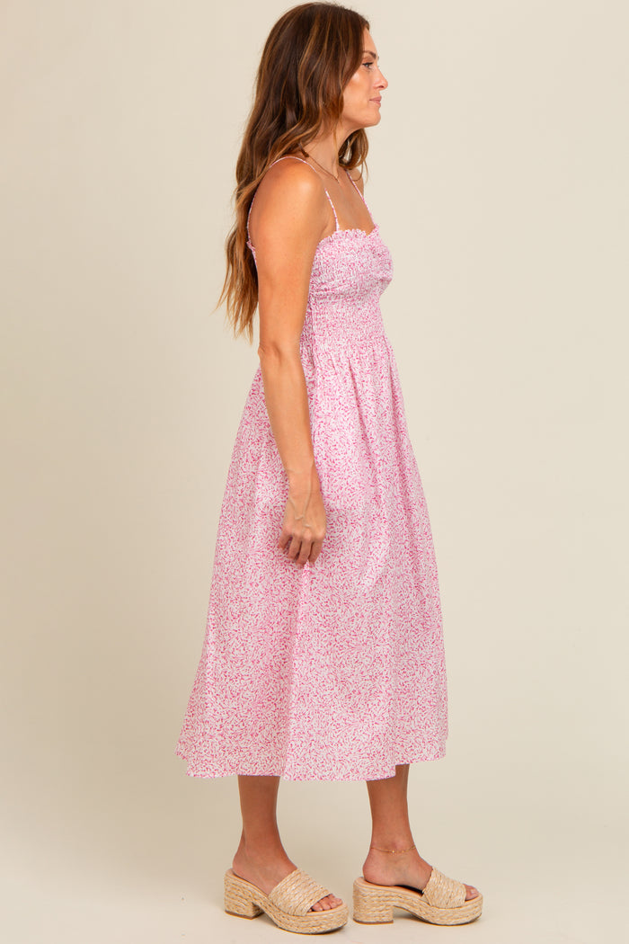 Pink Printed Smocked Midi Dress