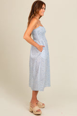 Light Blue Printed Smocked Midi Dress