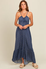 Blue Floral Tie Front Maxi Dress