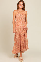 Beige Floral Tie Front Maxi Dress