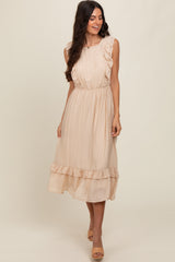 Beige Texture Ruffle Accent Maternity Midi Dress