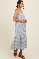 Blue Striped Shoulder Tie Midi Dress