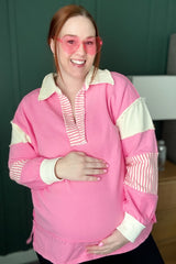 Pink Colorblock Stripe Maternity Polo Pullover Top