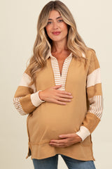 Mocha Colorblock Stripe Maternity Polo Pullover Top