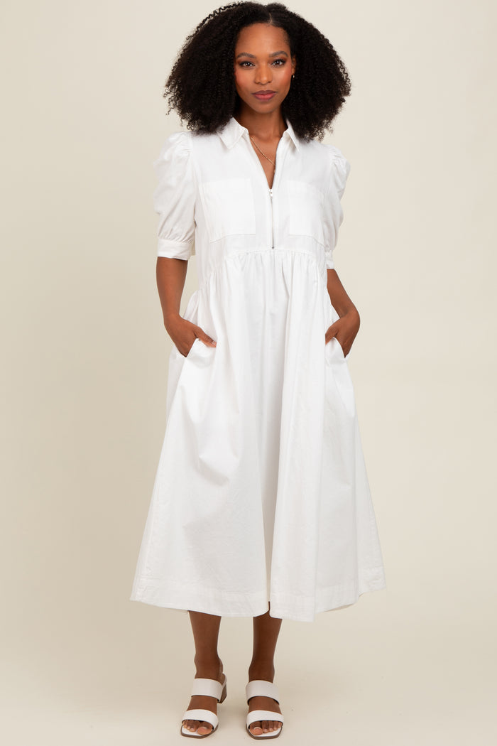 White Half Zip Maternity Midi Dress