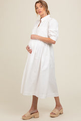 White Half Zip Maternity Midi Dress