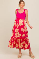 Fuchsia Floral Colorblock Maternity Midi Dress