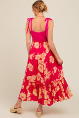 Fuchsia Floral Colorblock Maternity Midi Dress