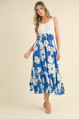 Royal Blue Floral Colorblock Maternity Midi Dress