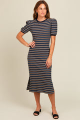 Navy Multi Striped Puff Sleeve Maternity Midi Dress