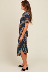 Navy Multi Striped Puff Sleeve Midi Dress