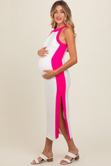 White Colorblock Trim Maternity Midi Dress