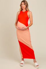 Orange Colorblock Fitted Maternity Maxi Dress