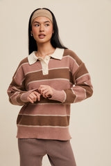 Brown Striped Polo Knit Sweater