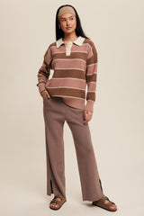 Brown Striped Polo Knit Sweater