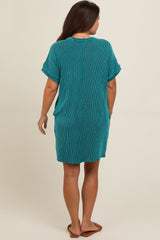 Teal Ribbed Rolled Cuff Maternity Dress