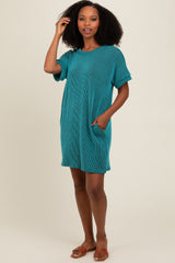 Teal Ribbed Rolled Cuff Dress