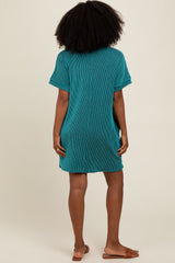 Teal Ribbed Rolled Cuff Dress