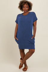 Navy Ribbed Rolled Cuff Maternity Dress