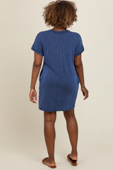 Navy Ribbed Rolled Cuff Dress