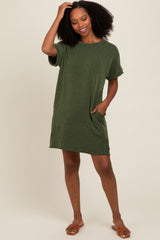 Forest Green Ribbed Rolled Cuff Dress