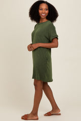 Forest Green Ribbed Rolled Cuff Dress