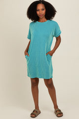 Turquoise Ribbed Rolled Cuff Dress