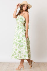 Green Floral Wave Trim Back Tie Midi Dress