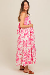 Pink Floral Wave Trim Back Tie Maternity Midi Dress