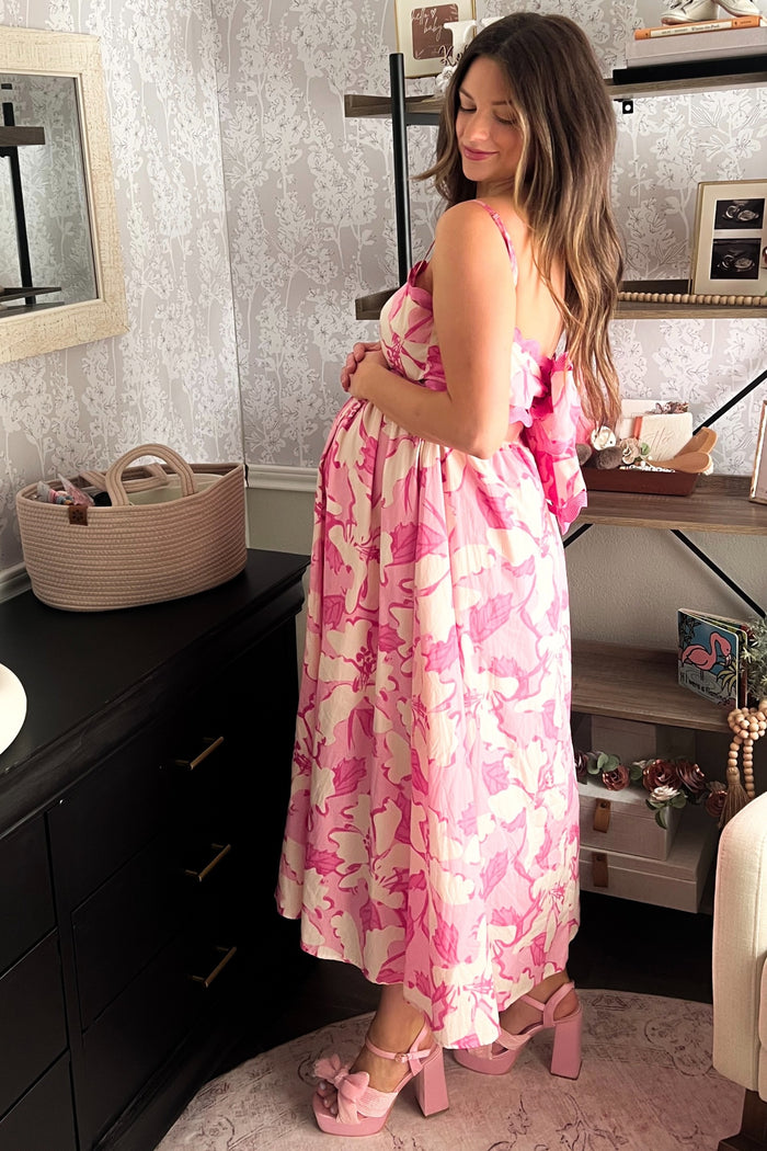 Pink Floral Wave Trim Back Tie Maternity Midi Dress