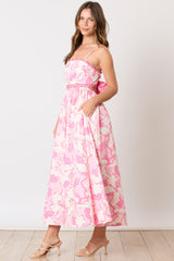 Pink Floral Wave Trim Back Tie Midi Dress