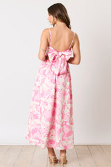 Pink Floral Wave Trim Back Tie Midi Dress