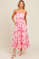 Pink Floral Wave Trim Back Tie Midi Dress