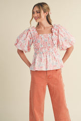 Pink Multi Floral Ruffle Trim Smocked Puff Sleeve Top