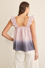 Pink Navy Ombre Plaid Ruffle Sleeve Top