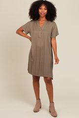 Olive V-Neck Basic Shirt Dress