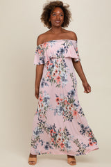 Pink Off Shoulder Floral Ruffle Maternity Maxi Dress