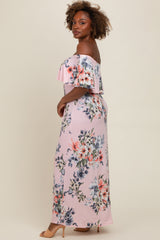 Pink Off Shoulder Floral Ruffle Maxi Dress