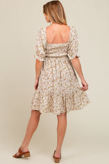 Cream Floral Smocked Puff Sleeve Maternity Dress