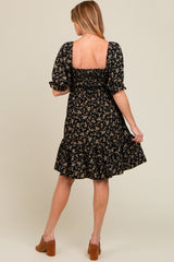 Black Floral Smocked Puff Sleeve Maternity Dress