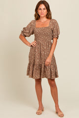 Mocha Floral Smocked Puff Sleeve Dress