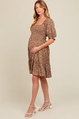 Mocha Floral Smocked Puff Sleeve Maternity Dress