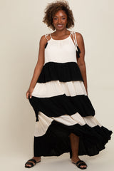 Black Colorblock Tiered Maternity Maxi Dress