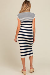 Navy Blue Mixed Striped Maternity Midi Dress