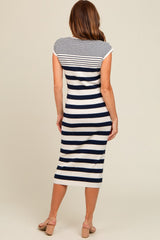 Navy Blue Mixed Striped Midi Dress